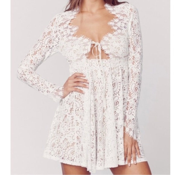 For Love and Lemons Charlie Mini Dress - White Long Sleeve Lace - Picture 1 of 9